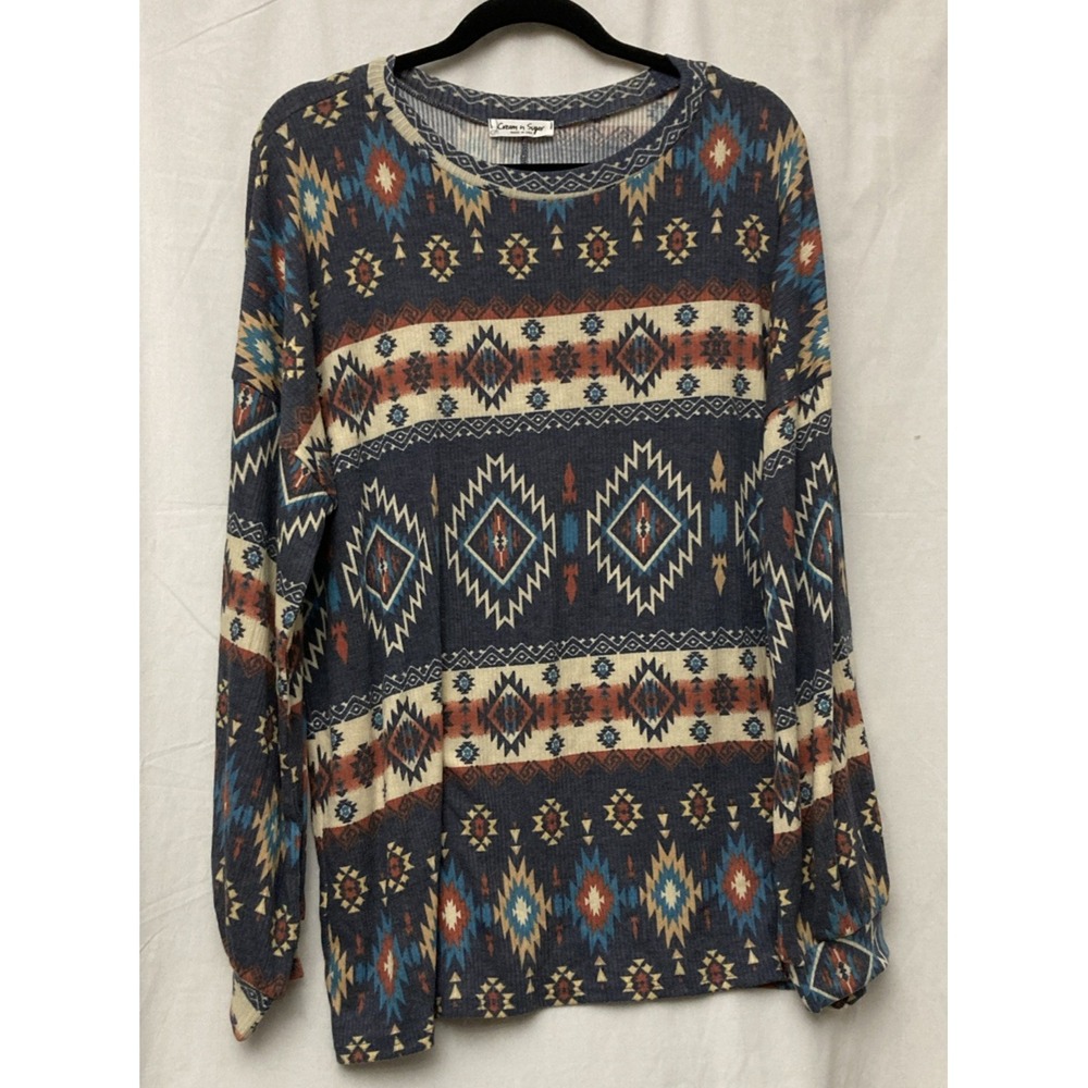 Cream N Sugar‎ Women's Blue Southwestern Design Long Sleeve Knit Top - SZ 1X